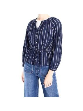 J. Crew Linen Cotton Navy Stripe Balloon Sleeve Tie Waist Blouse 10